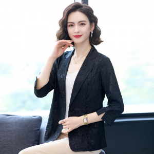 仿真絲印花西裝領上衣2023夏季新款中年媽媽裝寬松大碼薄款西服